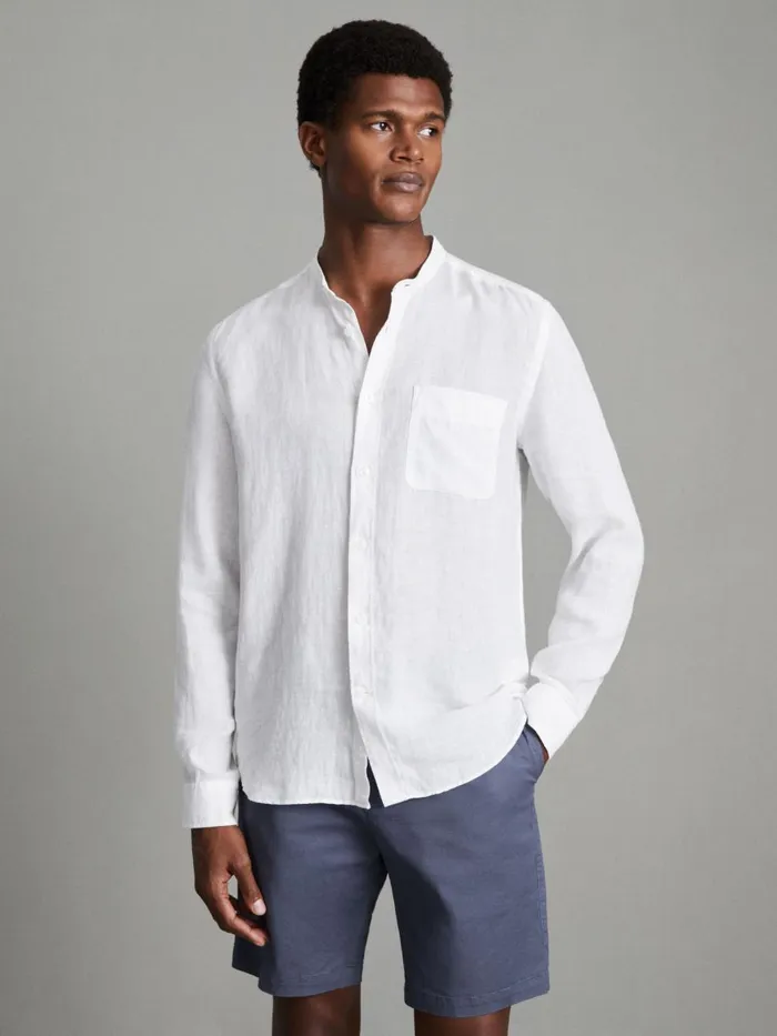Men Reiss Shirts Ocean Linen Grandad Collar Shirt White