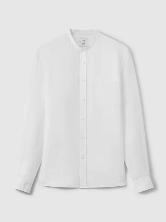 Men Reiss Shirts Ocean Linen Grandad Collar Shirt White