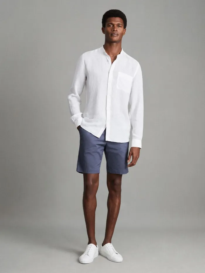 Men Reiss Shirts Ocean Linen Grandad Collar Shirt White
