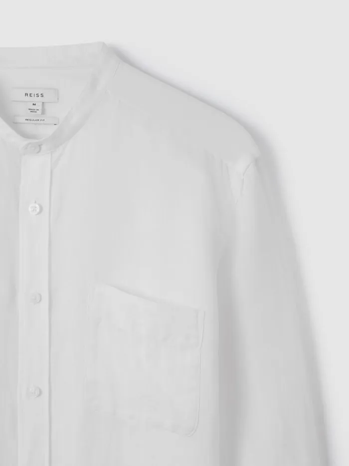 Men Reiss Shirts Ocean Linen Grandad Collar Shirt White
