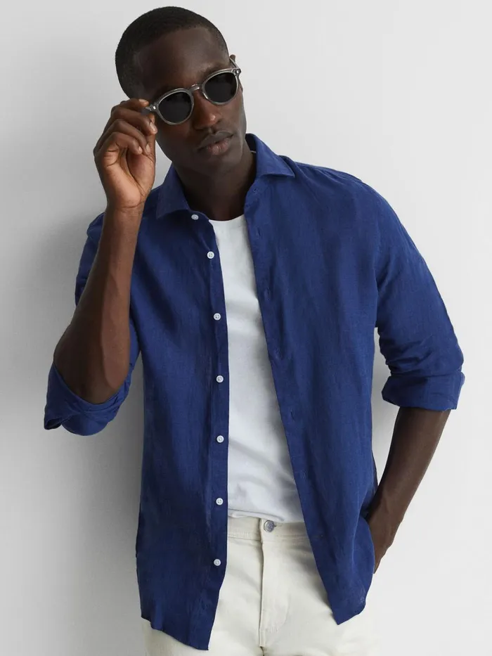 Men Reiss Shirts Ruban Linen Button Through Shirt Royal Blue