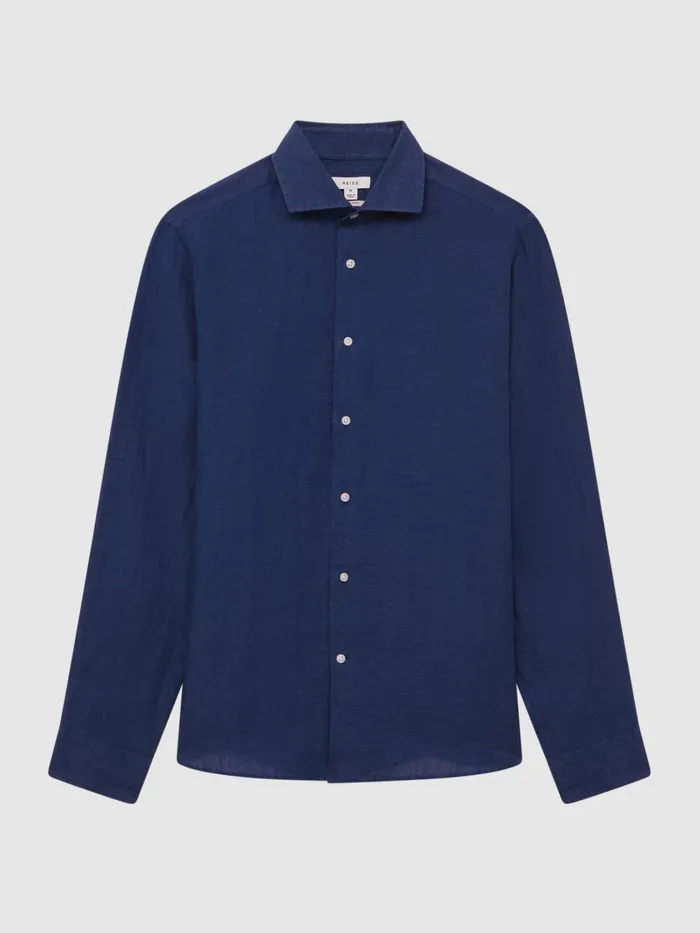 Men Reiss Shirts Ruban Linen Button Through Shirt Royal Blue