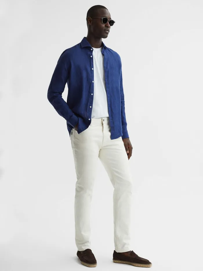 Men Reiss Shirts Ruban Linen Button Through Shirt Royal Blue
