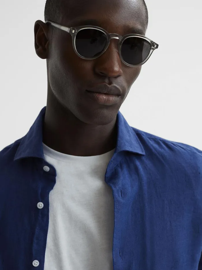 Men Reiss Shirts Ruban Linen Button Through Shirt Royal Blue
