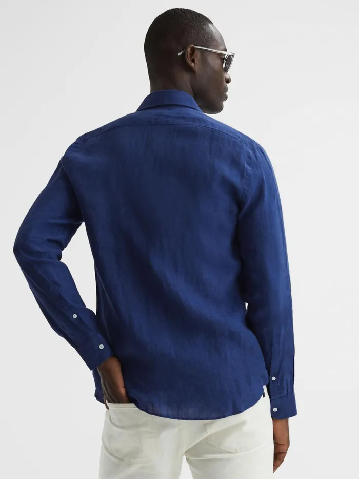 Men Reiss Shirts Ruban Linen Button Through Shirt Royal Blue