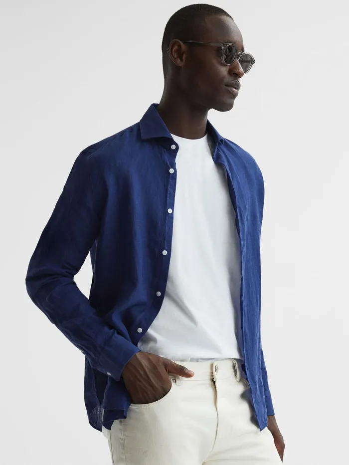 Men Reiss Shirts Ruban Linen Button Through Shirt Royal Blue