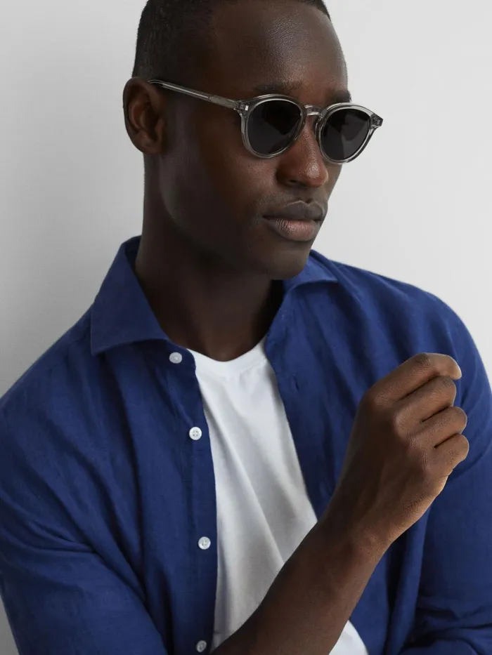 Men Reiss Shirts Ruban Linen Button Through Shirt Royal Blue