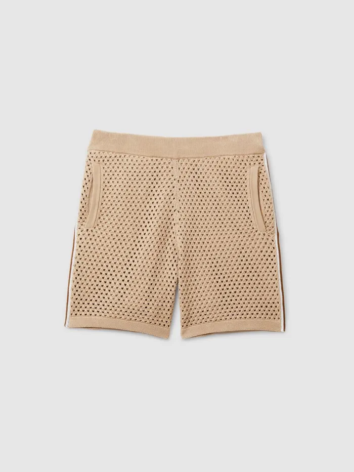 Men Reiss Shorts Creek Cotton Blend Crochet Drawstring Shorts Soft Taupe