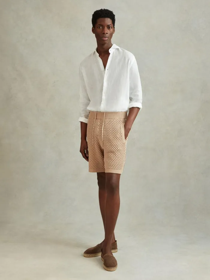 Men Reiss Shorts Creek Cotton Blend Crochet Drawstring Shorts Soft Taupe