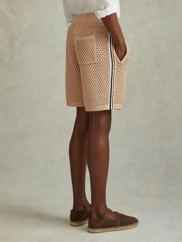 Men Reiss Shorts Creek Cotton Blend Crochet Drawstring Shorts Soft Taupe