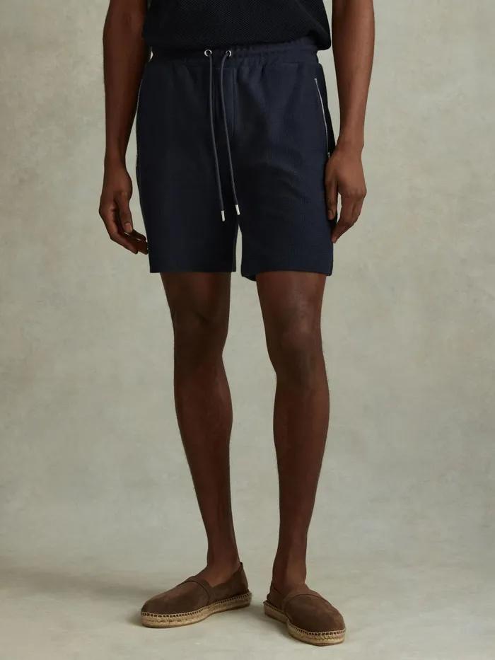 Men Reiss Shorts Hester Textured Cotton Drawstring Shorts Navy