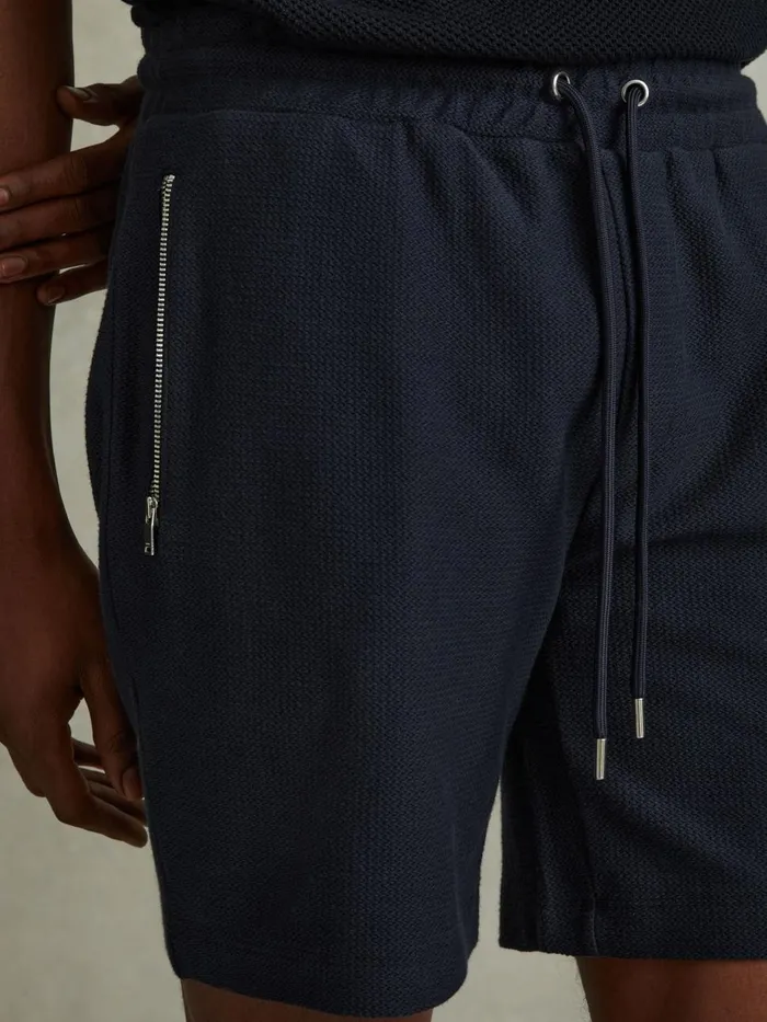 Men Reiss Shorts Hester Textured Cotton Drawstring Shorts Navy