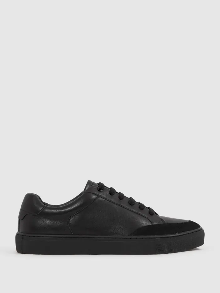 Men Reiss Sneakers Ashley Leather Low Top Trainers All Black