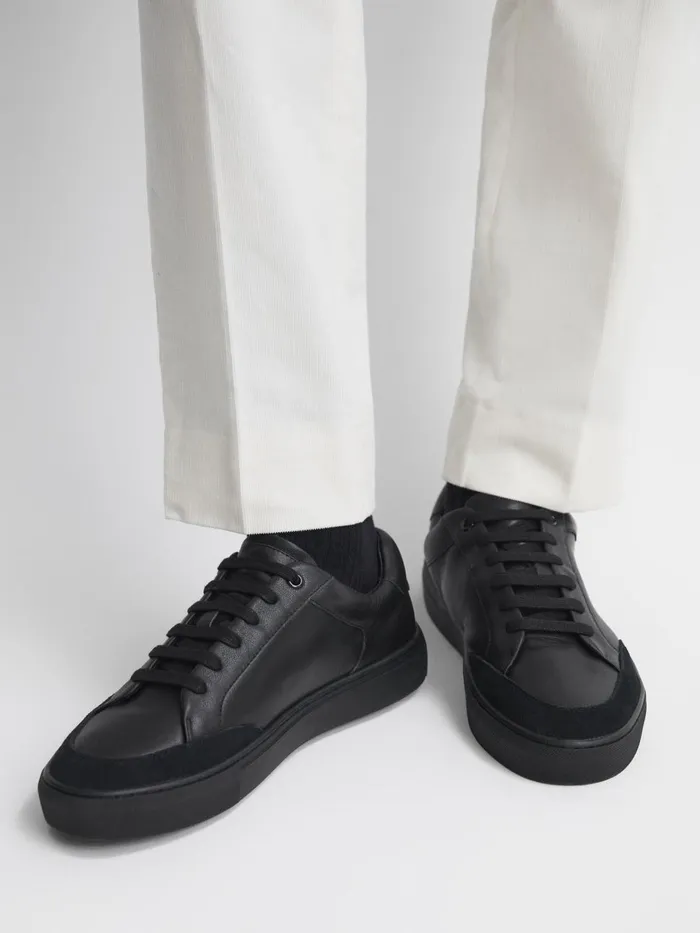Men Reiss Sneakers Ashley Leather Low Top Trainers All Black