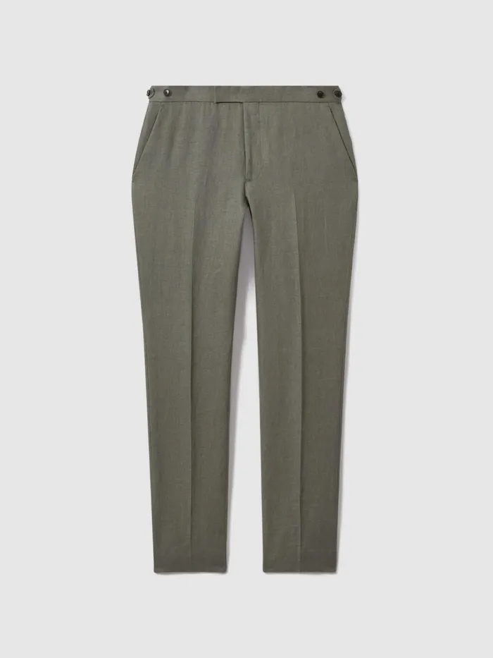 Men Reiss Suits and Tailoring Halgas Linen Side Adjuster Trousers Dark Sage