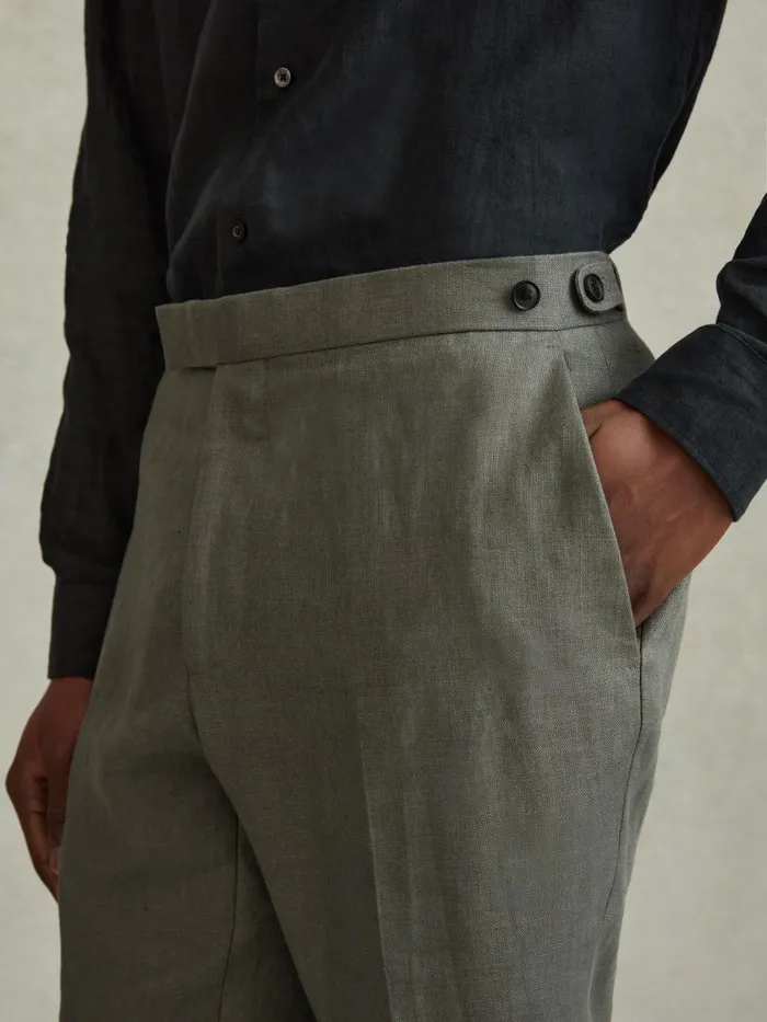 Men Reiss Suits and Tailoring Halgas Linen Side Adjuster Trousers Dark Sage