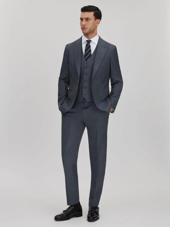 Men Reiss Suits and Tailoring Humble Slim Fit Wool Side Adjuster Trousers Airforce Blue