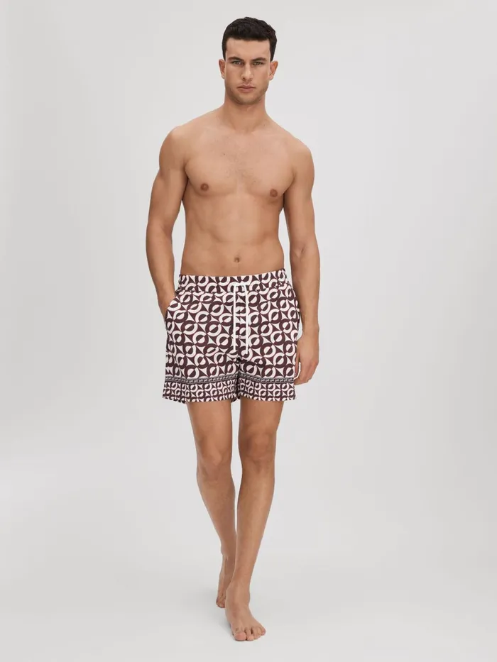 Men Reiss Swimwear Fitzroy Printed Drawstring Swim Shorts Tobaccoecru