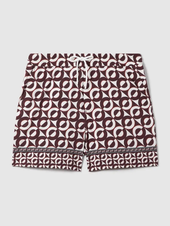 Men Reiss Swimwear Fitzroy Printed Drawstring Swim Shorts Tobaccoecru