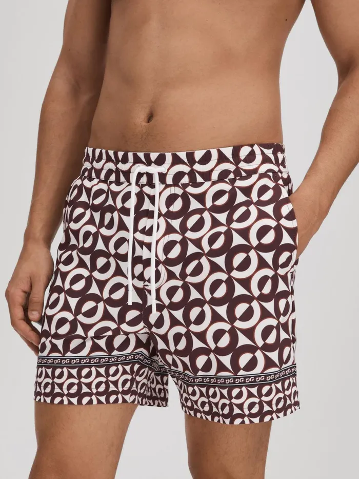 Men Reiss Swimwear Fitzroy Printed Drawstring Swim Shorts Tobaccoecru