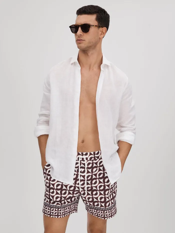 Men Reiss Swimwear Fitzroy Printed Drawstring Swim Shorts Tobaccoecru