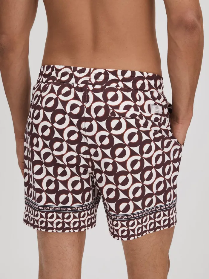 Men Reiss Swimwear Fitzroy Printed Drawstring Swim Shorts Tobaccoecru
