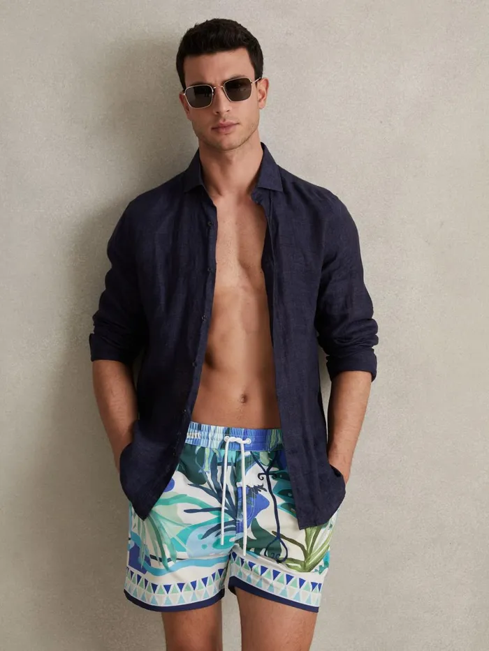 Men Reiss Swimwear Huwai Printed Drawstring Waist Swim Shorts Green Multi