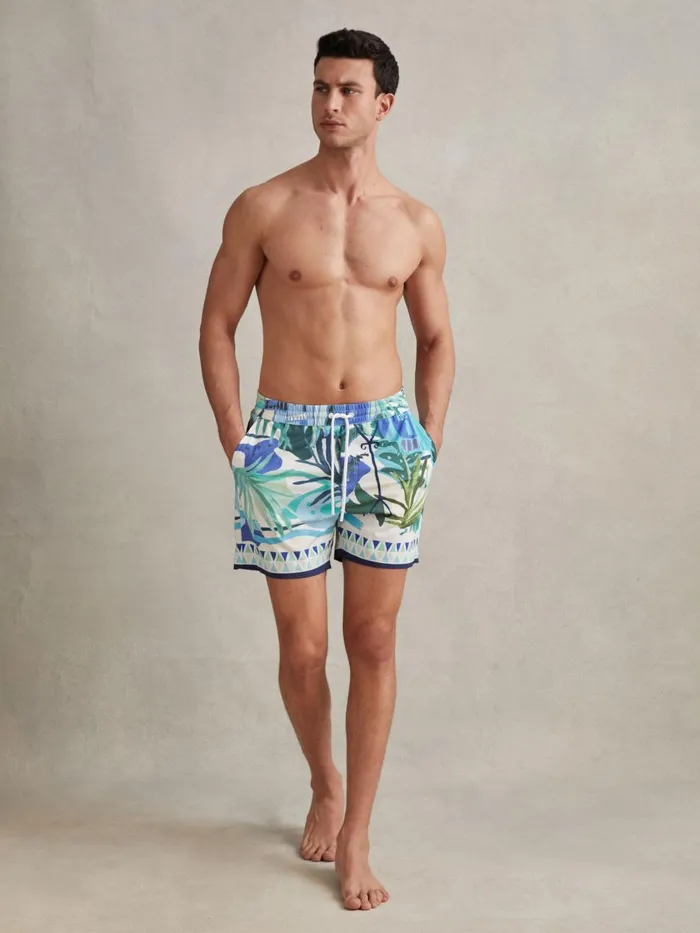 Men Reiss Swimwear Huwai Printed Drawstring Waist Swim Shorts Green Multi