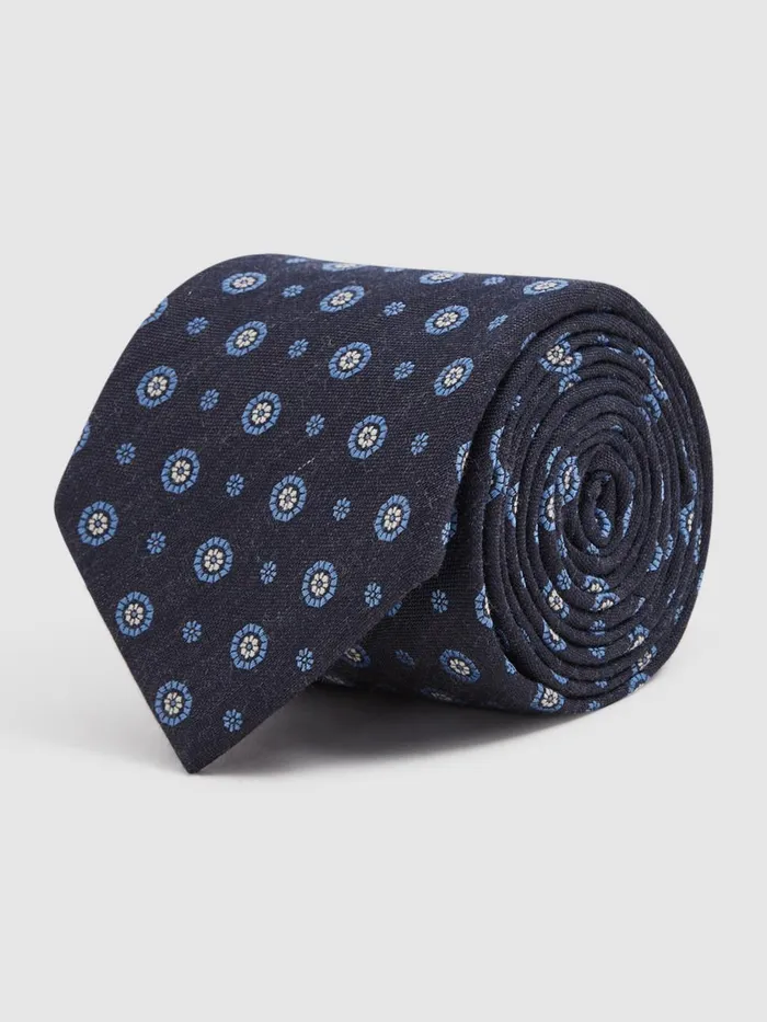 Men Reiss Ties and Pocket Squares Orvieto Cotton Silk Medallion Design Tie Navy