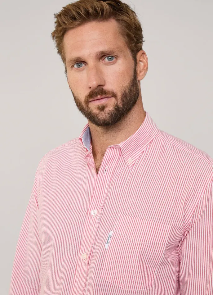 Men Shirts Faonnable Regular Fit Bengal Striped Seersucker Shirt Poster Red