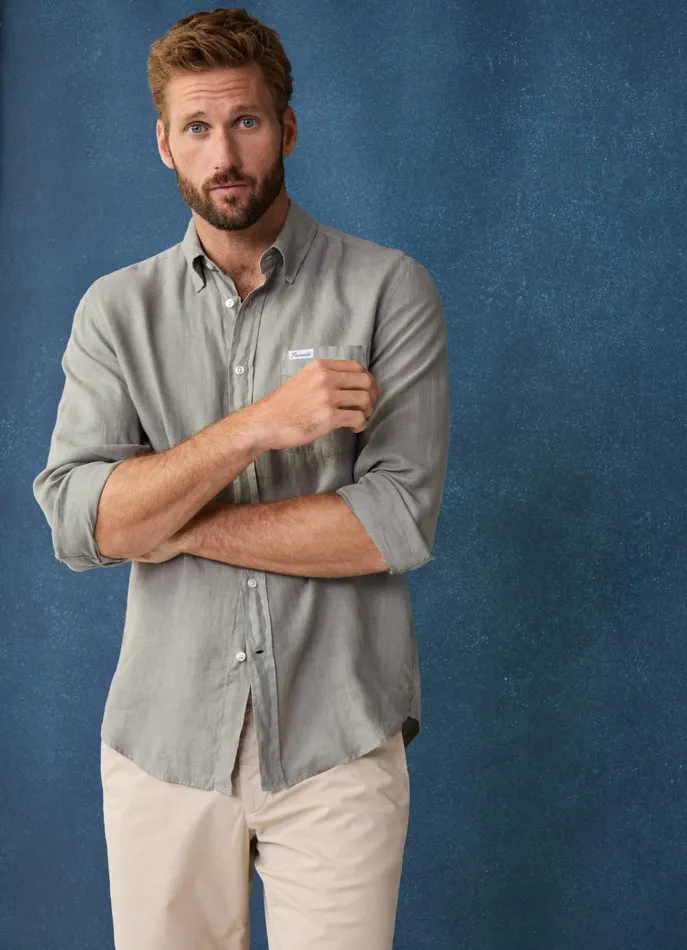 Men Shirts Faonnable Regular Fit Linen Shirt Grey Olive Green