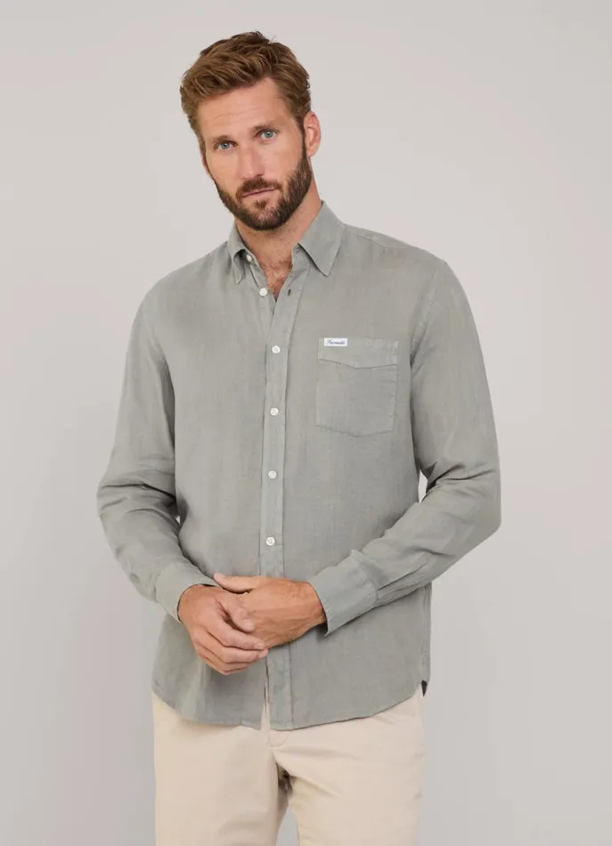 Men Shirts Faonnable Regular Fit Linen Shirt Grey Olive Green
