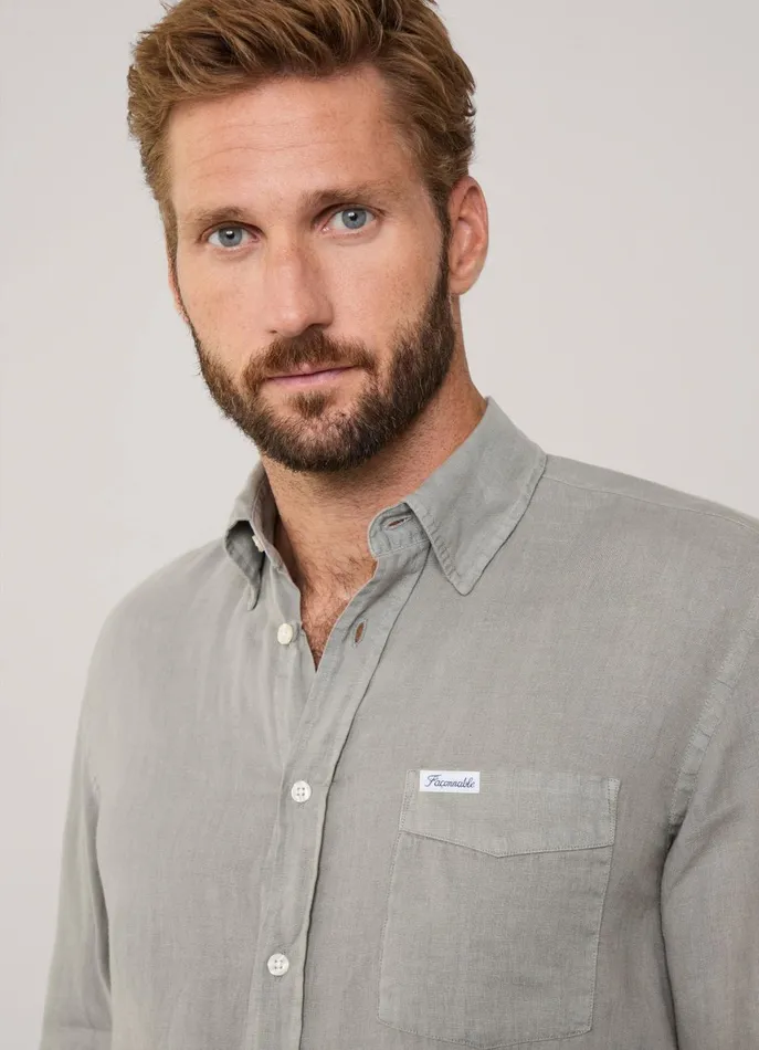 Men Shirts Faonnable Regular Fit Linen Shirt Grey Olive Green