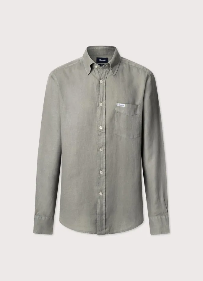Men Shirts Faonnable Regular Fit Linen Shirt Grey Olive Green
