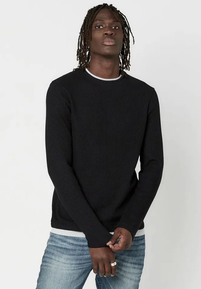 Men WaffleKnit Kamug Long Sleeve Black Buffalo David Bitton Sweaters