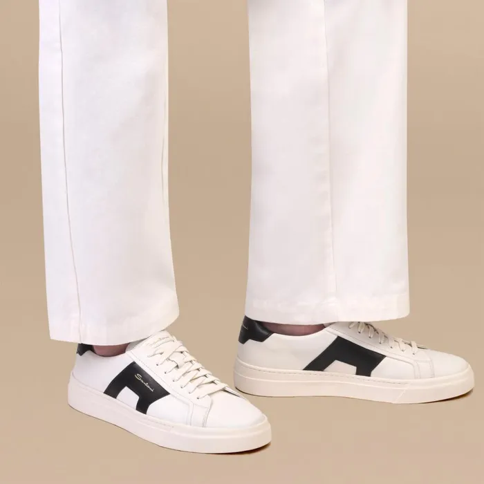 Men White And Black Leather Double Buckle Sneaker Santoni Sneakers