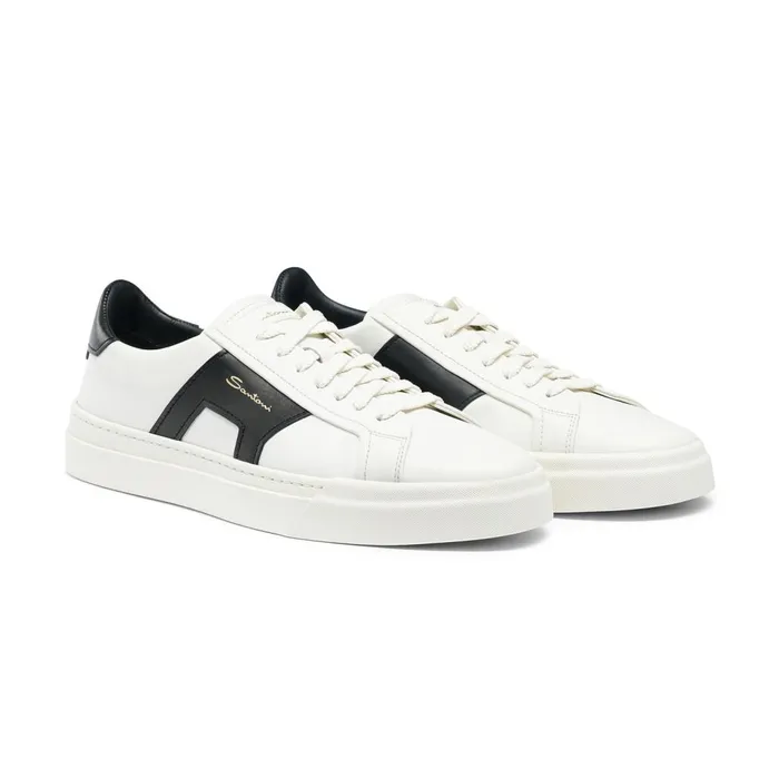 Men White And Black Leather Double Buckle Sneaker Santoni Sneakers