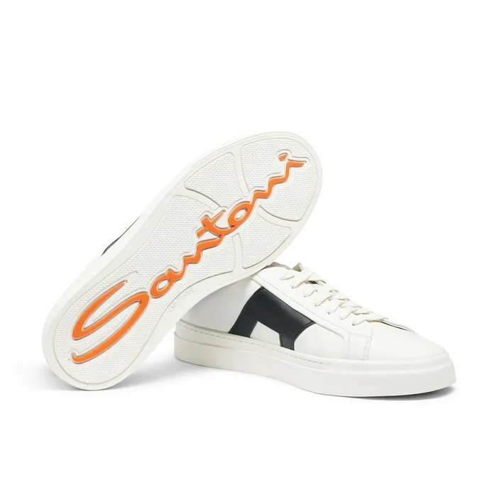 Men White And Black Leather Double Buckle Sneaker Santoni Sneakers