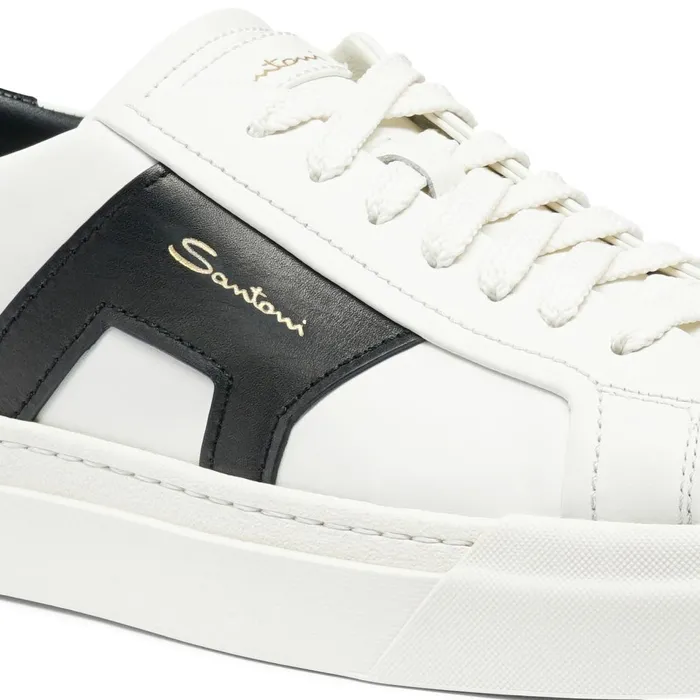 Men White And Black Leather Double Buckle Sneaker Santoni Sneakers