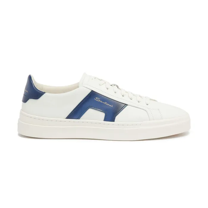 Men White And Blue Leather Double Buckle Sneaker Santoni Sneakers