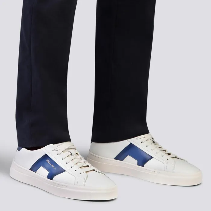 Men White And Blue Leather Double Buckle Sneaker Santoni Sneakers