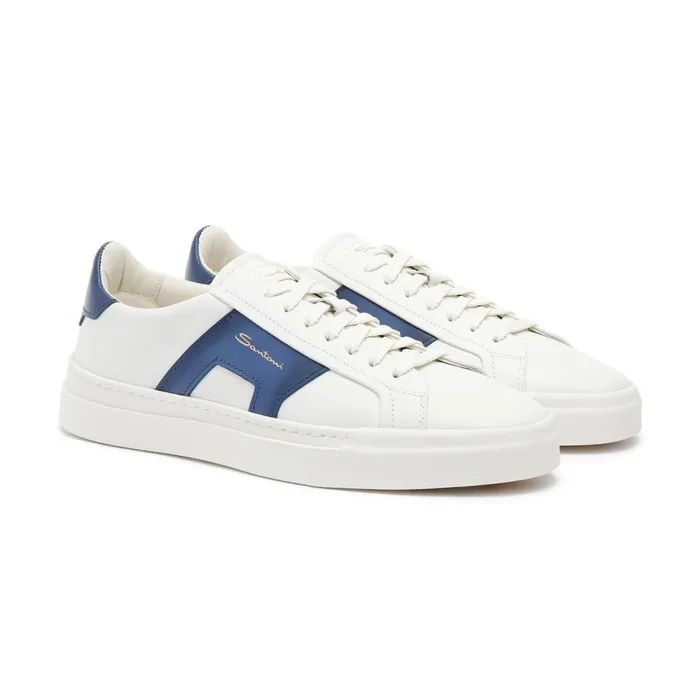 Men White And Blue Leather Double Buckle Sneaker Santoni Sneakers