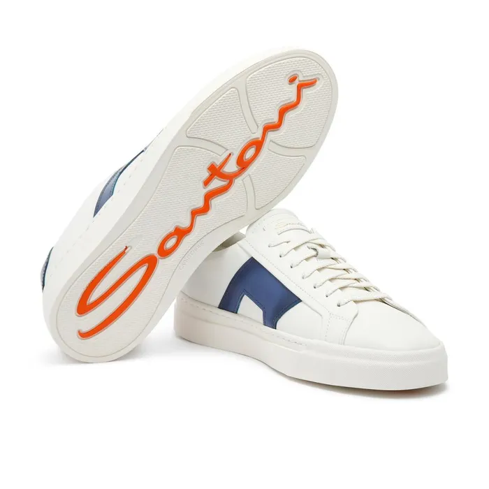 Men White And Blue Leather Double Buckle Sneaker Santoni Sneakers