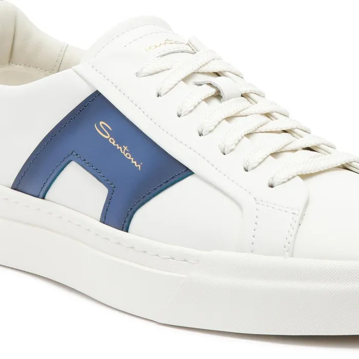 Men White And Blue Leather Double Buckle Sneaker Santoni Sneakers