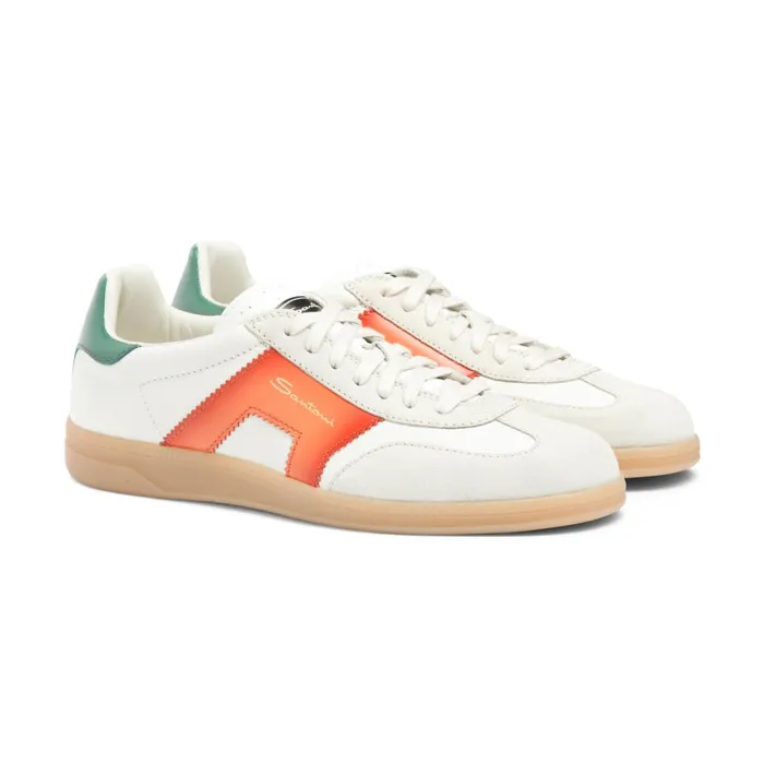 Men White Green And Orange Leather And Suede Dbs Oly Sneaker Santoni Sneakers