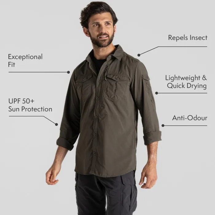 Mens Long Sleeve Craghoppers NosiLife Adventure Long Sleeved Shirt III Woodland Green