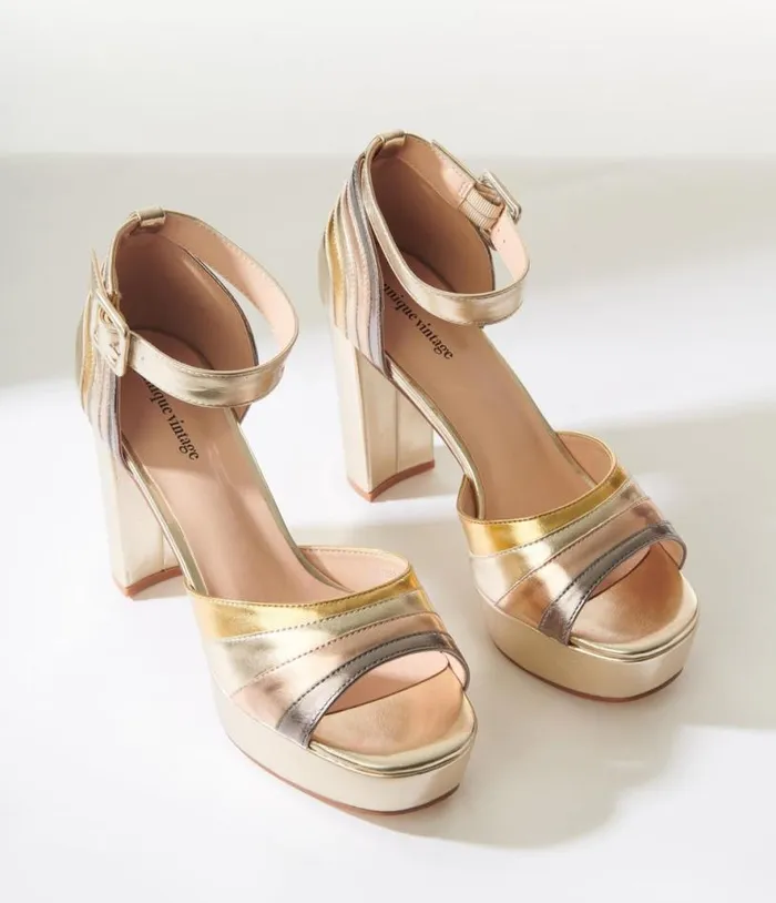 Metallic Gold Peep Toe Platform Heels Shoes Unique Vintage Heels
