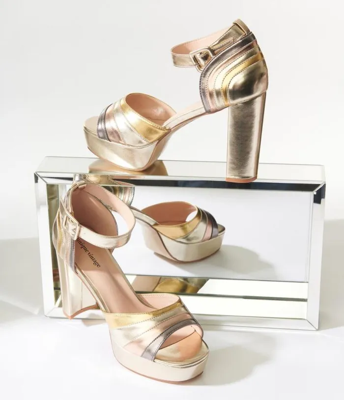 Metallic Gold Peep Toe Platform Heels Shoes Unique Vintage Heels