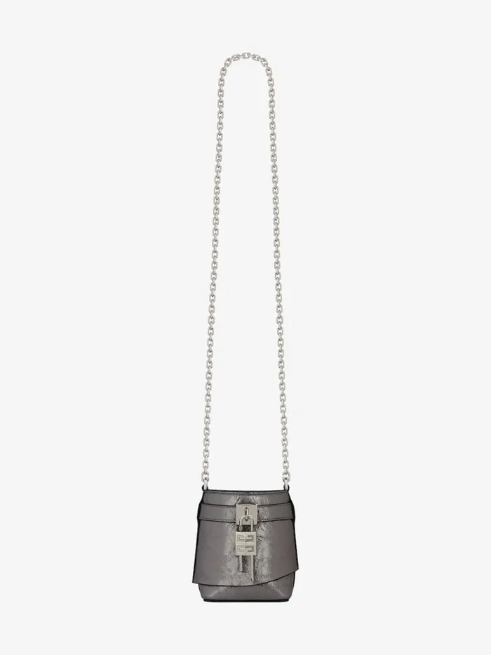 Micro Shark Lock Bucket Bag In Laminated Leather Silvery Grey Women Givenchy Micro Bags
