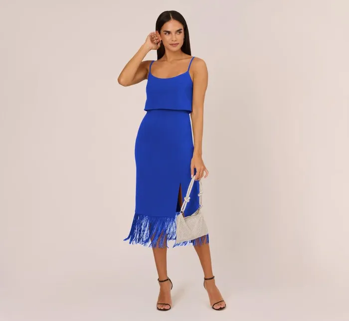 Midi Dresses Womens Adrianna Papell Crepe Popover Midi Dress With Fringe Trim In Royal Sapphire
